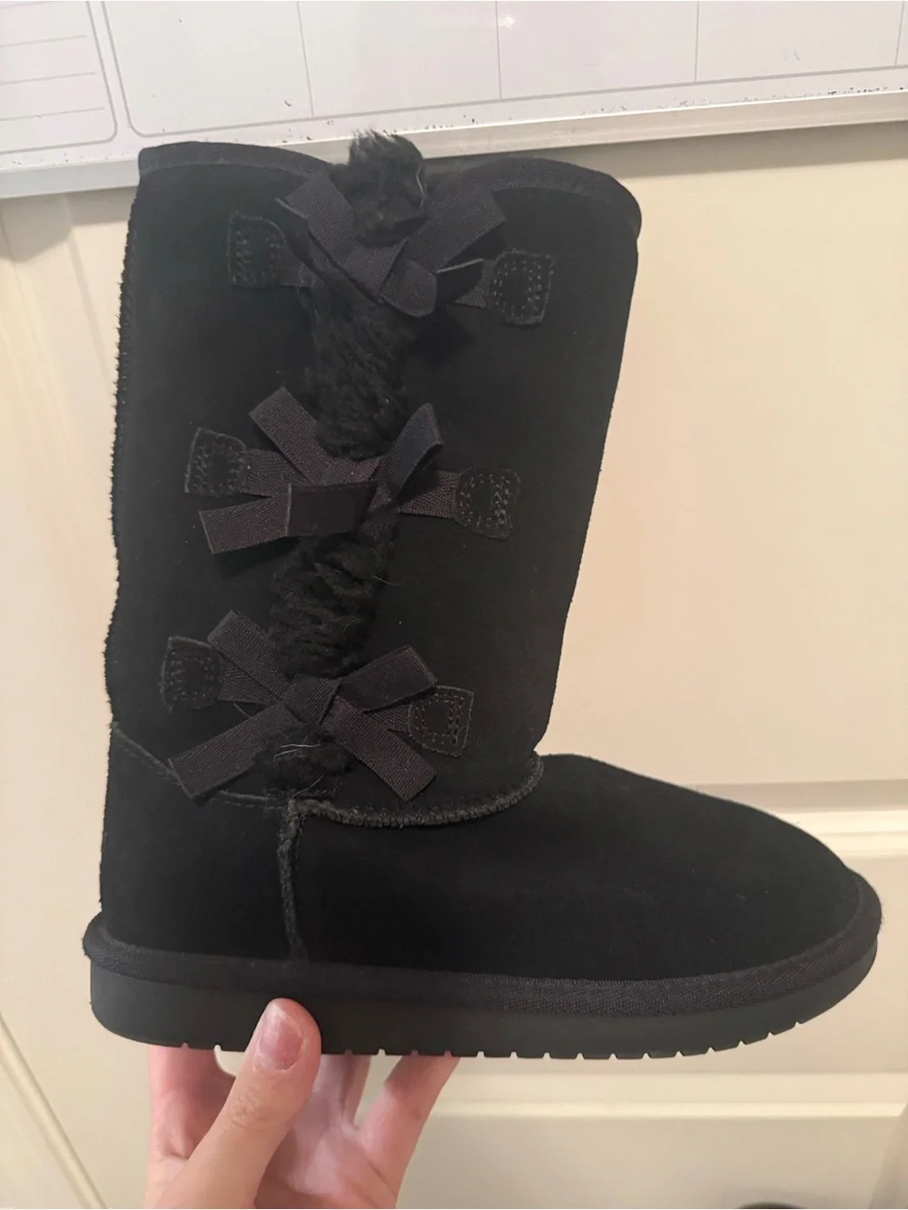 Koolaburra Kids Black Suede Bow-Trim Mid-Calf Boots